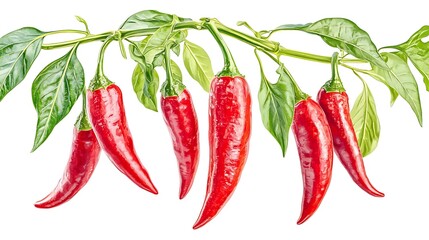 Red chili peppers with green leaves and glossy skin in botanical illustration