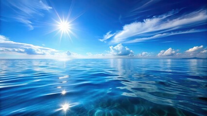 Obraz premium A calm blue sea with a sunny sky above, reflecting waves and ripples in the water surface , water, sunlight