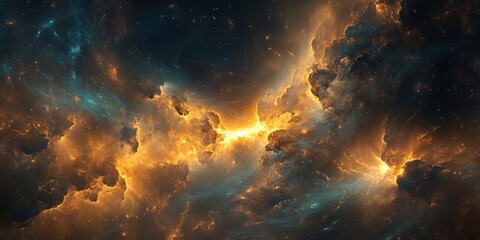 Fototapeta premium Cosmic Inferno: A breathtaking nebula explodes with fiery orange and gold hues, contrasting against a deep, dark space backdrop, creating a dramatic and otherworldly scene.