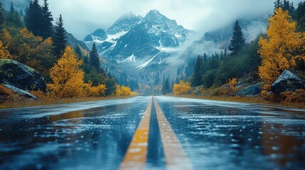 Mountain Road in Autumn Rain: A scenic road stretches towards majestic snow-capped mountains under a misty autumn sky. Rain reflects on the wet asphalt, creating a captivating atmosphere.