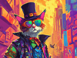 Stylish Cat Cyberpunk Cityscape Poster Art