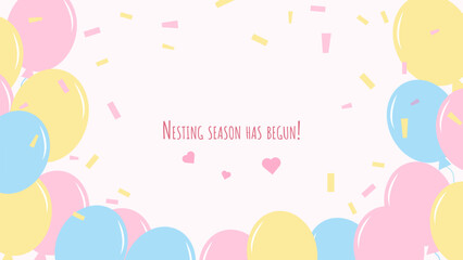 Nesting party banner honor of expectant parents. Colored balloons blue pink yellow. Website poster design in pastel colors. Vector illustration.