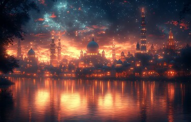 Fantasy Cityscape at Night with Illuminated Buildings and a Starry Sky Reflected in Water

