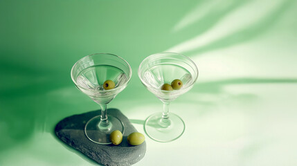 Two martini glasses with olives on a stone coaster against a green background