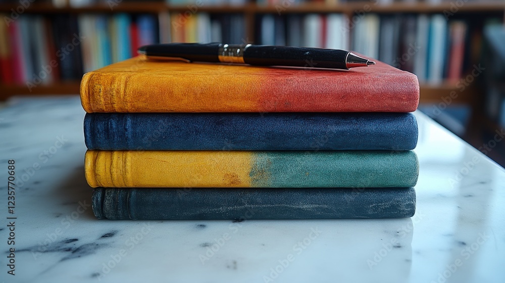 Poster stacked colorful notebooks and a pen on a marble table with blurred bookshelves in the background