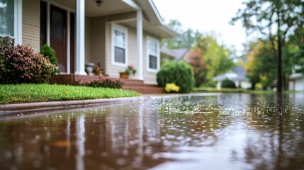 Obraz premium Flooded suburban street, rain falling, houses blurred.