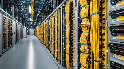A long corridor filled with server racks and colorful data cables, a network center view