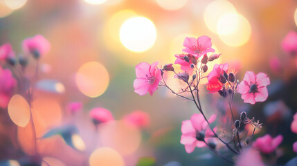 Soft Pink Flowers Blooming Sunset Light Bokeh Background Floral Photography Nature macro image      