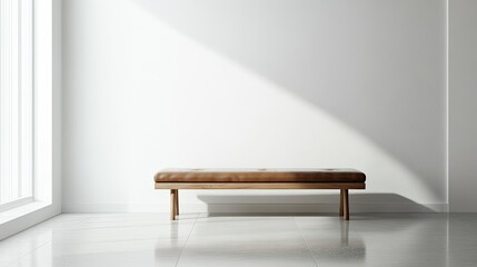 Minimalist interior scene with a leather bench in a bright sunlit room