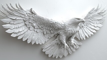 Fototapeta premium A detailed sculpture of a soaring eagle with outstretched wings, showcasing intricate feather textures and a striking white finish against a light background.