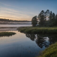 Obraz premium A panoramic shot of Bluemere at dawn, with mist rolling over the water.