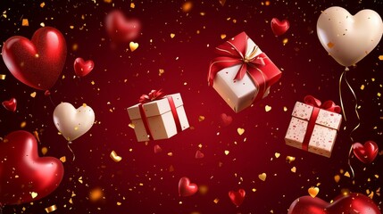 Fototapeta premium 27.A festive vector design showcasing multiple gift boxes in elegant shades of red, pink, and white, suspended in mid-air against a rich crimson backdrop. Heart-shaped balloons and delicate golden