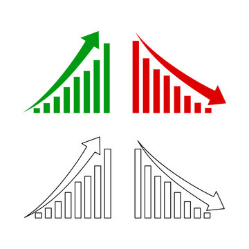 flat green and red curvy arrow going upward and downward, stock market, business and economic icons, outlined arrow with increasing decreasing bars  