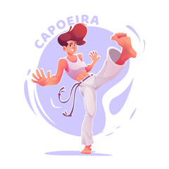 Cartoon capoeira female player practicing combat strike. Capoeira girl dancer in action pose
