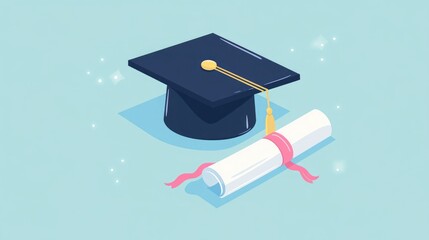 A graduation cap rests beside a rolled diploma, symbolizing academic achievement and celebration in a colorful, cheerful design.