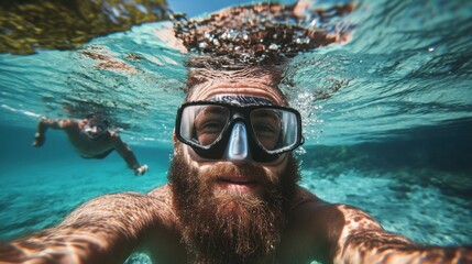 Fototapeta premium A dynamic underwater shot of a man swimming toward the camera, his GoPro capturing a perfect balance of the vibrant coral world below and the tropical island paradise above. 