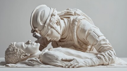 Obraz premium A poignant sculpture depicting a firefighter cradling an unconscious figure, symbolizing bravery and sacrifice in rescue missions.