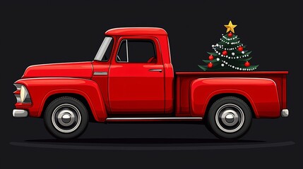 Red truck carrying Christmas tree, dark background; holiday card