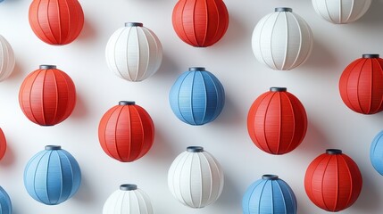 Fototapeta premium Colorful paper lanterns in red, white, and blue arranged in a pattern, creating a festive and vibrant atmosphere.
