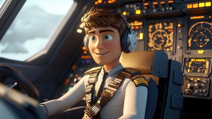 A cheerful animated pilot sits in a cockpit, focused on flying an aircraft, with various controls and instruments visible around him.