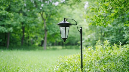 Garden lamp post in lush green park