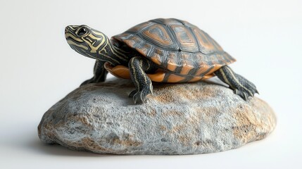 Obraz premium A painted turtle rests on a rock, showcasing its distinctive shell patterns and vibrant colors against a neutral background.