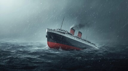 A sinking ship in a stormy sea, symbolizing financial failure and market crash.