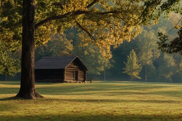 Autumn sunrise illuminates rustic cabin in tranquil forest meadow.