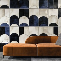 Fototapeta premium Modern orange sofa against a geometric tile wall