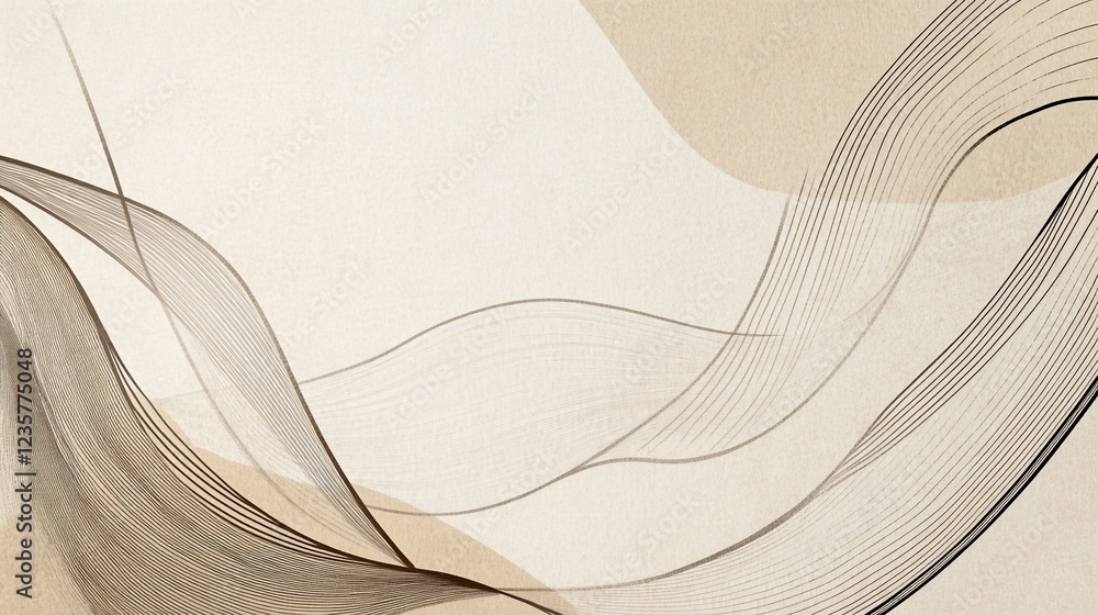 Poster abstract beige background with dark wavy lines, curved shapes, subtle textures and smooth transition