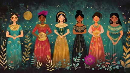 52.A colorful card design illustrating six women of diverse ethnicities in a flat style, standing together against a bold, textured backdrop of abstract shapes in teal, magenta, and gold. Each woman