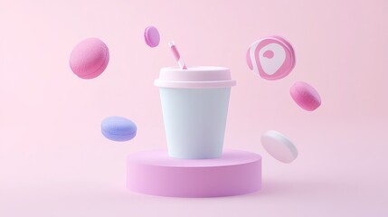 Product advertisement icons floating on a digital background