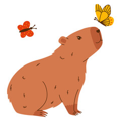 Cute capybara character. Funny rodent playing with butterflies. Hand drawn vector illustration.