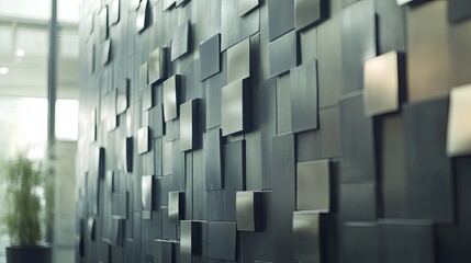 Modern wall design with metallic squares creates a sophisticated texture and visual depth in an office space