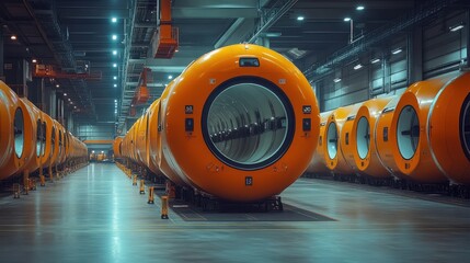 Futuristic orange pods lined up in a sleek industrial facility with ambient lighting