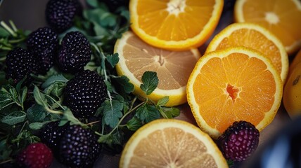 Fresh blackberries and sliced citrus fruits with green leaves