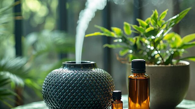 Aromatherapy setup with essential oils and diffuser in a serene setting