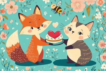Fox and cat sharing cake, floral background, Valentine's card