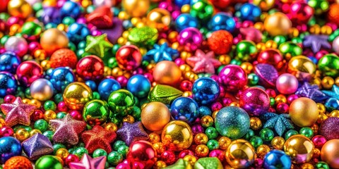A colorful background with beads scattered in various shapes and sizes, creating a vibrant and lively atmosphere , festive, holiday decor