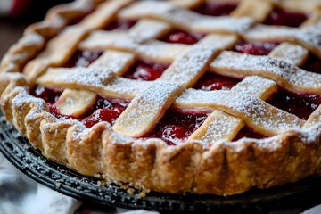 Close-up of freshly baked handmade rustic Italian crostata with raspberry filling