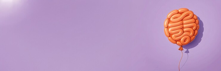 An orange brain-shaped balloon floats against a soft purple background, creating a whimsical and playful visual effect.