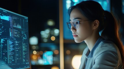 Naklejka premium Focused Programmer Analyzing Data on a Night Shift