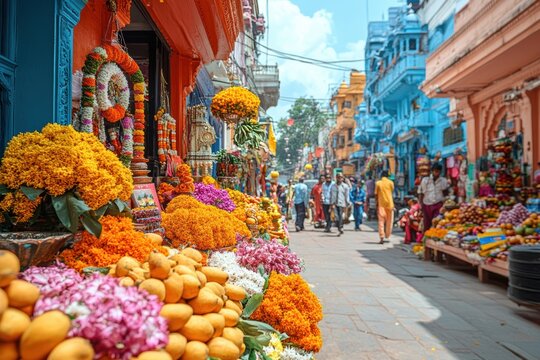 Festival market with mangoes and flowers