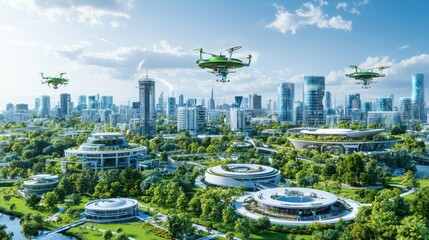 Green Drones Flying Over Futuristic Eco City