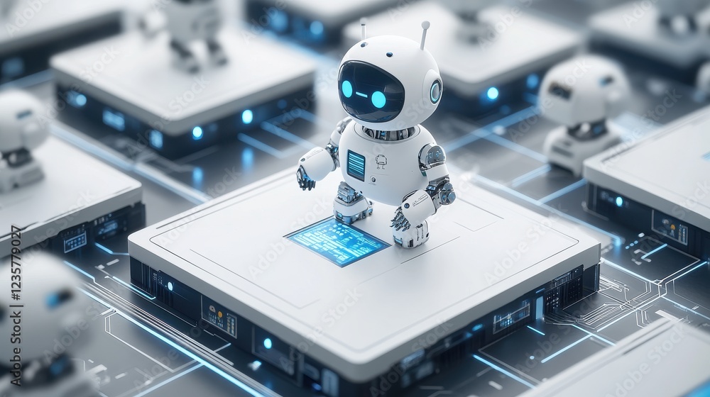 Poster futuristic robotic figures on circuit-like platforms, showcasing advanced technology in a high-tech 