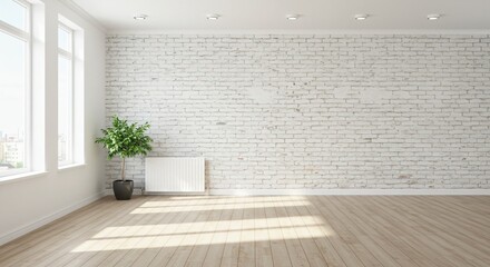 Fototapeta premium A bright, minimalistic room with a white brick wall, wooden flooring, large windows, a potted plant, and natural sunlight streaming in.