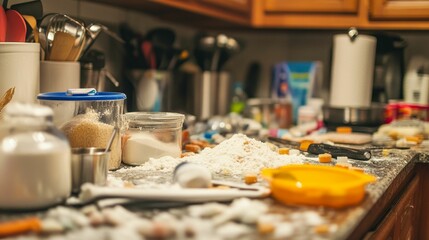 Messy kitchen counter, baking ingredients spilled