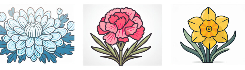 Obraz premium Three stylized flower illustrations: a light blue chrysanthemum, a pink carnation, and a yellow daffodil. Each bloom is detailed with simple lines and vibrant colors.