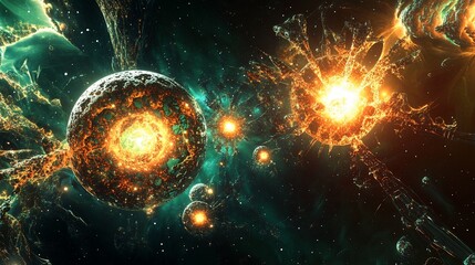 Obraz premium Cosmic Spheres and Energy Eruptions in a Deep Space Landscape with Stars