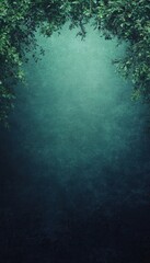 Dark teal textured background framed by lush green leaves.
